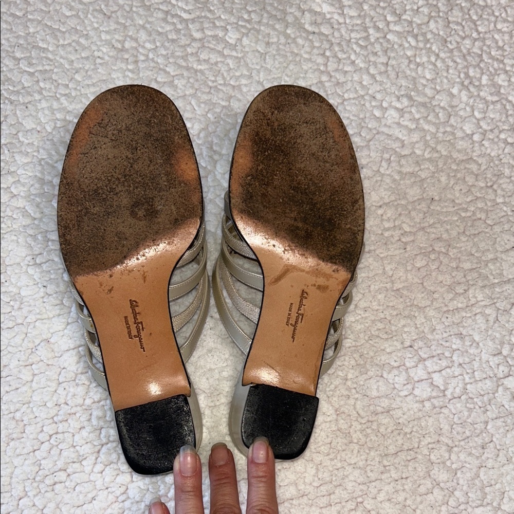 Salvatore Ferragamo Metallic Gold Strappy Mules - Picture 11 of 14